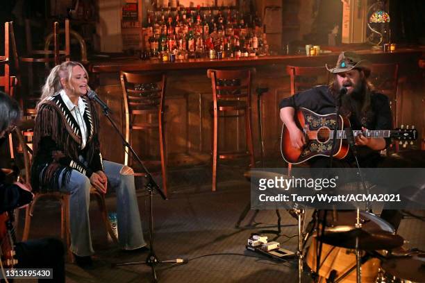 In this image released on April 18, Miranda Lambert and Chris Stapleton perform at the 56th Academy of Country Music Awards at the Bluebird Cafe on...