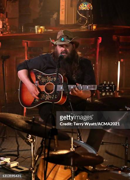 In this image released on April 18, Chris Stapleton performs at the 56th Academy of Country Music Awards at the Bluebird Cafe on April 18, 2021 in...