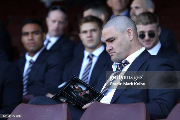 Russell Packer of the Wests Tigers attends the Tommy Raudonikis Memorial Service at the Sydney Cricket Ground on April 19, 2021 in Sydney, Australia....