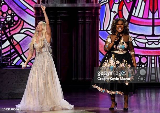 In this image released on April 18, Carrie Underwood and CeCe Winans perform onstage at the 56th Academy of Country Music Awards at the Grand Ole...
