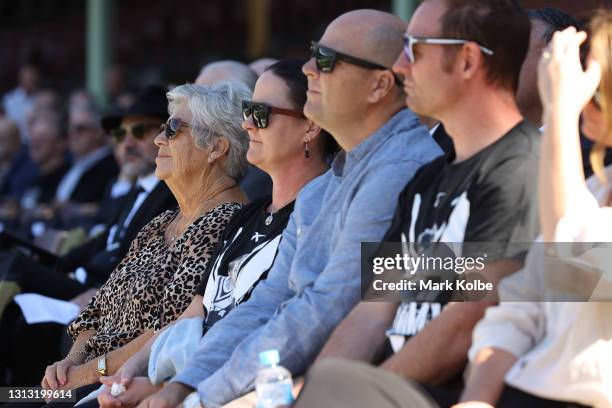 Tommy Raudonikis' wife Trish Brown along with family members attend the Tommy Raudonikis Memorial Service at the Sydney Cricket Ground on April 19,...