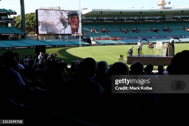 Spectators attends the Tommy Raudonikis Memorial Service at the Sydney Cricket Ground on April 19, 2021 in Sydney, Australia. Raudonikis passed away...