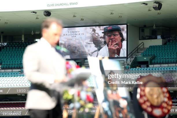 Former rugby league player John Dorahy speaks during the Tommy Raudonikis Memorial Service at the Sydney Cricket Ground on April 19, 2021 in Sydney,...