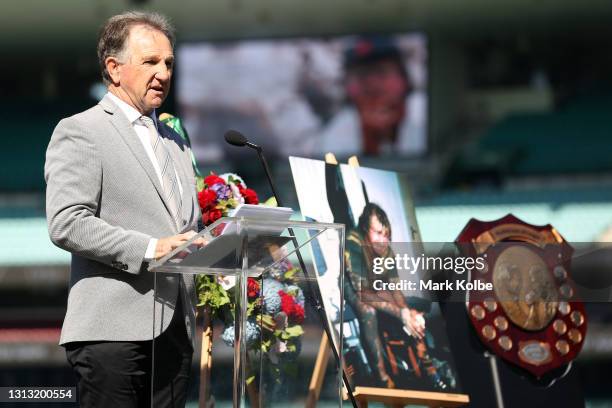 Former rugby league player John Dorahy speaks during the Tommy Raudonikis Memorial Service at the Sydney Cricket Ground on April 19, 2021 in Sydney,...