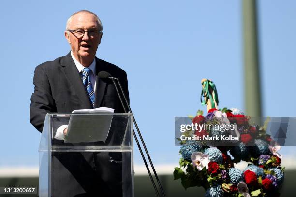 Former rugby league player Terry Rowney speaks during the Tommy Raudonikis Memorial Service at the Sydney Cricket Ground on April 19, 2021 in Sydney,...