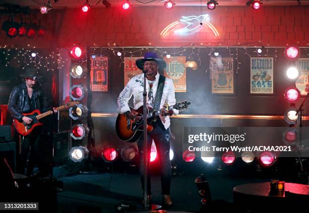 In this image released on April 18, Jimmie Allen performs onstage at the 56th Academy of Country Music Awards at the Bluebird Cafe on April 18, 2021...