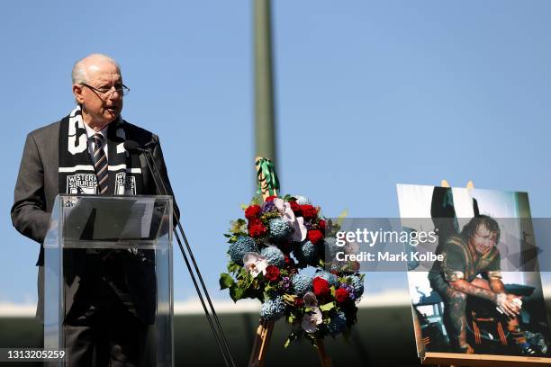 Former rugby league player Rick Wayde speaks during the Tommy Raudonikis Memorial Service at the Sydney Cricket Ground on April 19, 2021 in Sydney,...