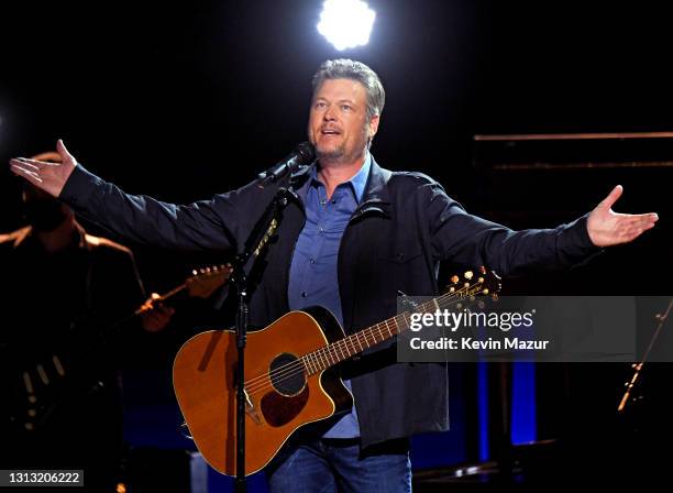 In this image released on April 18, Blake Shelton performs onstage at the 56th Academy of Country Music Awards at the Grand Ole Opry on April 18,...