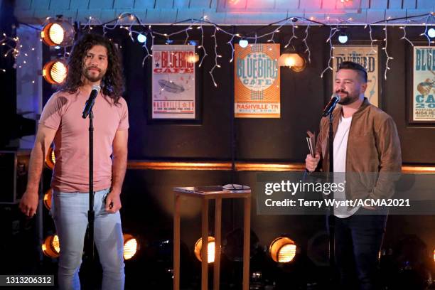 In this image released on April 18, Dan Smyers and Shay Mooney of Dan + Shay accept the award for Duo of the Year onstage at the 56th Academy of...