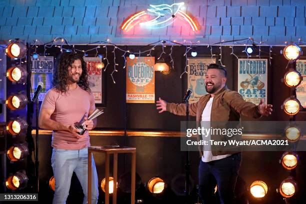 In this image released on April 18, Dan Smyers and Shay Mooney of Dan + Shay accept the award for Duo of the Year onstage at the 56th Academy of...