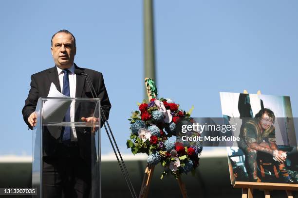 Australian Rugby League Commission Chairman Peter V'landys speaks during the Tommy Raudonikis Memorial Service at the Sydney Cricket Ground on April...