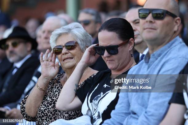 Tommy Raudonikis' wife Trish Brown along with family members attend the Tommy Raudonikis Memorial Service at the Sydney Cricket Ground on April 19,...