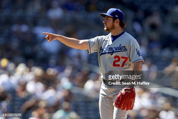 Trevor Bauer of the Los Angeles Dodgers pitches during a game against the San Diego Padres at PETCO Park on April 18, 2021 in San Diego, California.