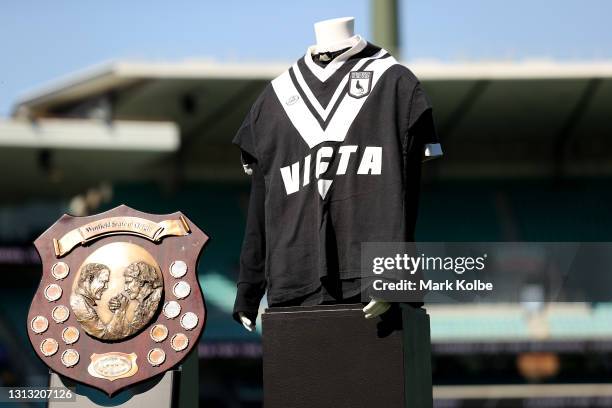 The Winfield State of Origin trophy and a Western Suburbs Magpies jersey is on display during the Tommy Raudonikis Memorial Service at the Sydney...