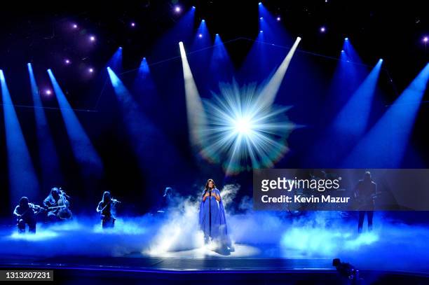 In this image released on April 18, Mickey Guyton performs onstage at the 56th Academy of Country Music Awards at the Grand Ole Opry on April 18,...