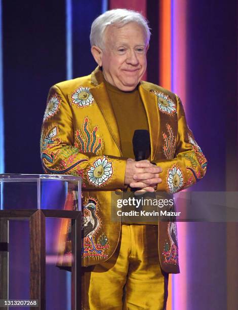 In this image released on April 18, Leslie Jordan speaks onstage at the 56th Academy of Country Music Awards at the Grand Ole Opry on April 18, 2021...