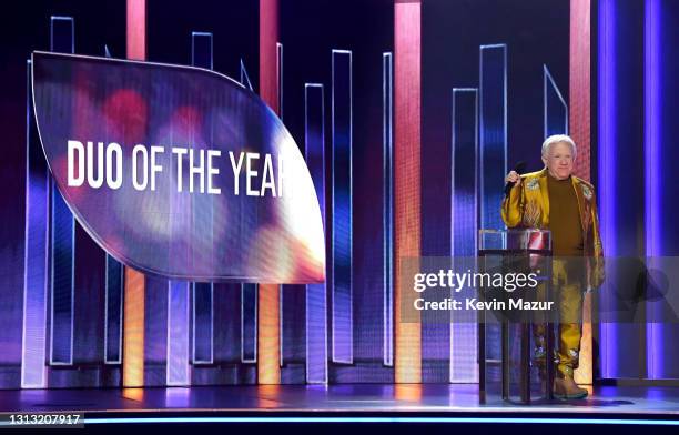 In this image released on April 18, Leslie Jordan speaks onstage at the 56th Academy of Country Music Awards at the Grand Ole Opry on April 18, 2021...