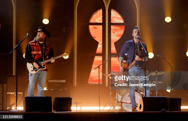 In this image released on April 18, John Osborne and T.J. Osborne of Brothers Osborne perform onstage at the 56th Academy of Country Music Awards at...