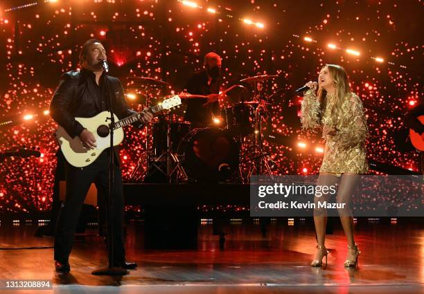 In this image released on April 18, Lee Brice and Carly Pearce perform onstage at the 56th Academy of Country Music Awards at the Grand Ole Opry on...