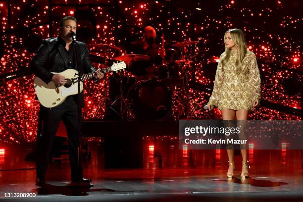 In this image released on April 18, Lee Brice and Carly Pearce perform onstage at the 56th Academy of Country Music Awards at the Grand Ole Opry on...