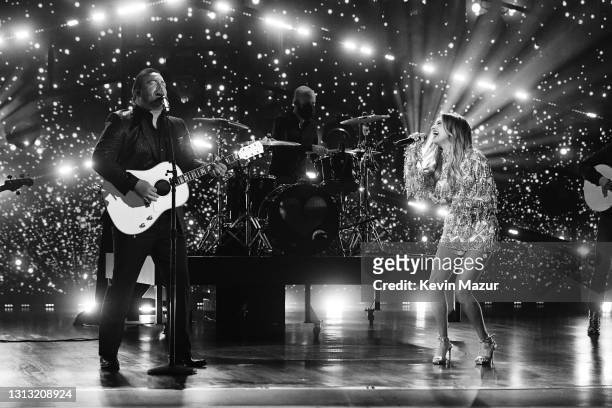 In this image released on April 18, Lee Brice and Carly Pearce perform onstage at the 56th Academy of Country Music Awards at the Grand Ole Opry on...