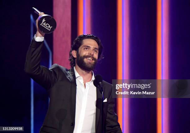 In this image released on April 18, Thomas Rhett accepts the award for Male Artist of the Year onstage at the 56th Academy of Country Music Awards at...