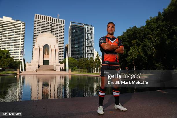 Luke Brooks poses during the Wests Tigers NRL media opportunity ahead of their ANZAC Day Round match, at Hyde Park on April 19, 2021 in Sydney,...