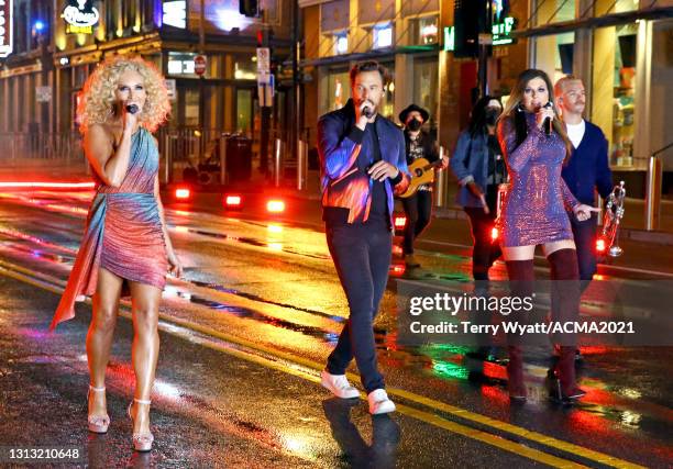 In this image released on April 18, Kimberly Schlapman, Jimi Westbrook, and Karen Fairchild of Little Big Town perform at the 56th Academy of Country...