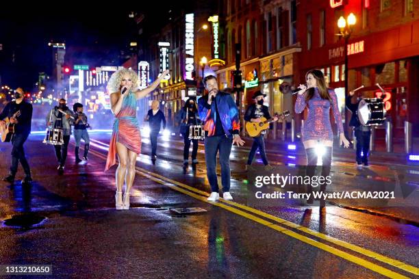 In this image released on April 18, Kimberly Schlapman, Jimi Westbrook, and Karen Fairchild of Little Big Town perform at the 56th Academy of Country...