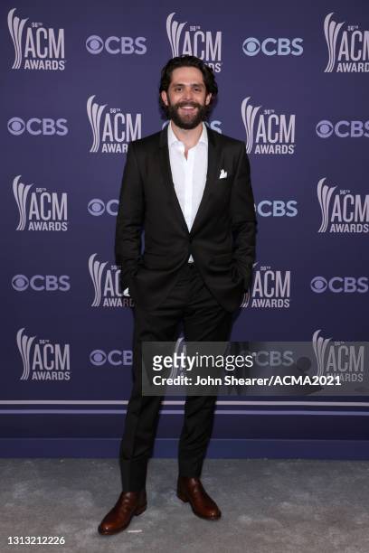 In this image released on April 18, Thomas Rhett attends the 56th Academy of Country Music Awards at the Grand Ole Opry on April 18, 2021 in...