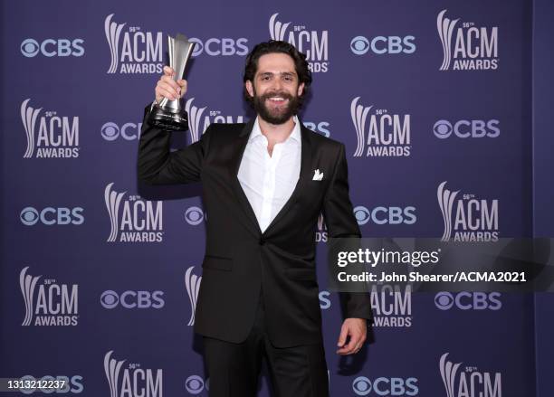 In this image released on April 18, Thomas Rhett, winner of the award for Male Artist of the Year, attends the 56th Academy of Country Music Awards...