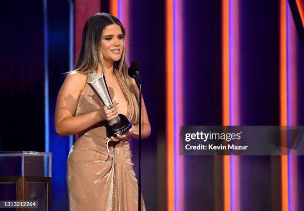 In this image released on April 18, Maren Morris accepts the award for Female Artist of the Year onstage at the 56th Academy of Country Music Awards...