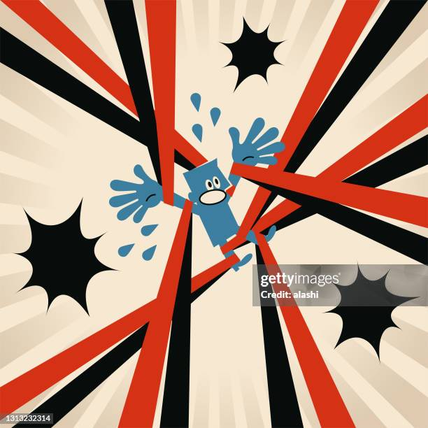 stockillustraties, clipart, cartoons en iconen met de blauwe mens wordt vastgebonden met kabel - marionette