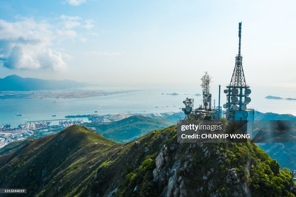 Drone view of Castle Peak transmitting station in Hong Kong