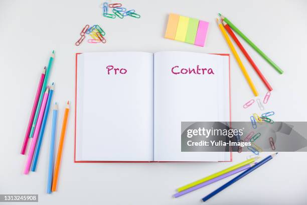 open blank book surrounded by colored pencils - reading glasses top view stock pictures, royalty-free photos & images