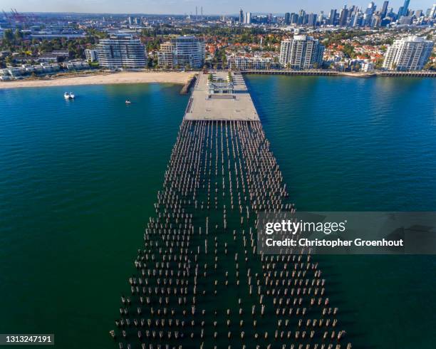 aerial view of historic princes pier, port melbourne - groenhout melbourne stock pictures, royalty-free photos & images