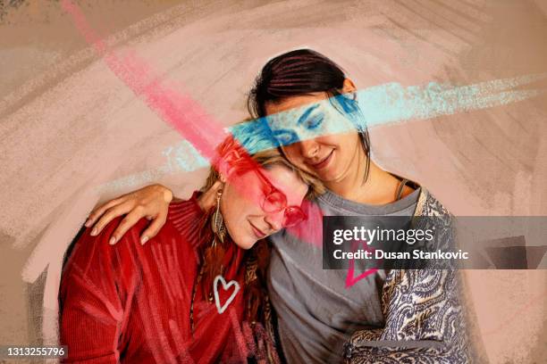 lesbian couple smiling and hugging - lesbian stock illustrations