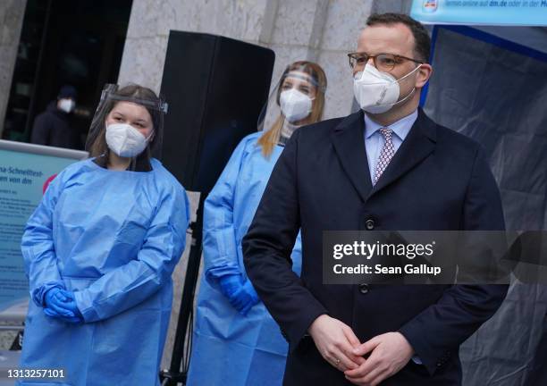 German Health Minister Jens Spahn attends the opening of a Covid testing station operated by German drugstore chain DM at the Mall of Berlin shopping...