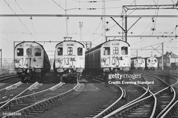 Trains on the sidings at Southend-on-Sea during the National Rail Strike called by ASLEF, , UK, February 1973.