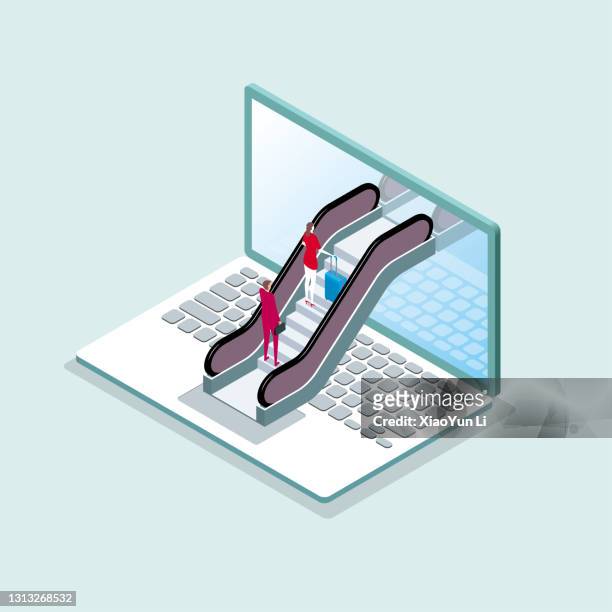 surrealist design, two people climb the ladder in the laptop. - open suitcase stock illustrations