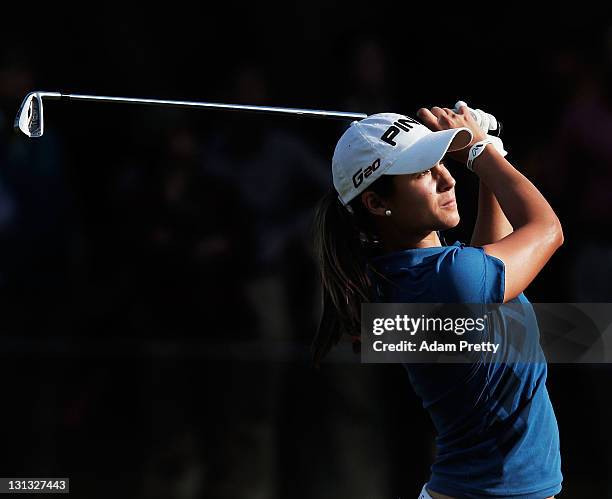 Azahara Munoz of Spain plays off the fairway during the first round of the Mizuno Classic at the Kintetsu Kashikojima Country Club on November 4,...