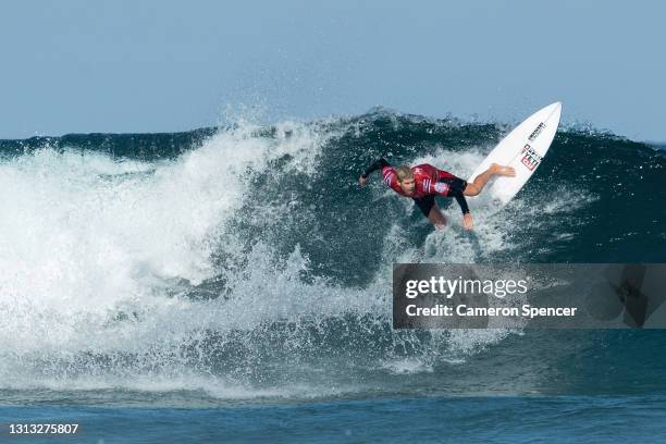 John John Florence of the United States surfs during the Round of 16 in the Rip Curl Narrabeen Classic at Narrabeen Beach on April 19, 2021 in...