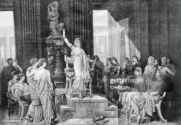 meeting with sappho, ancient greek poet - sappho stock illustrations