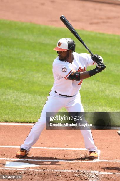 Cedric Mullins of the Baltimore Orioles prepares for a pitch during game one of a doubleheader baseball game against thee Seattle Mariners at Oriole...