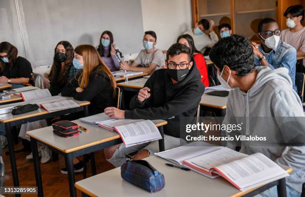 High school students attend class during the visit by Portuguese President Marcelo Rebelo de Sousa accompanied by the Minister of Education Tiago...