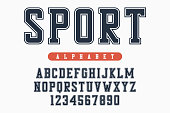 Sport font, original college alphabet. Athletic style letters and numbers for sportswear, t-shirt, university logo. Retro varsity typeface. Vector
