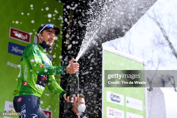 Podium / Gianni Moscon of Italy and Team INEOS Grenadiers green leader jersey celebrates during the 44th Tour of the Alps 2021, Stage 1 a 140,6km...