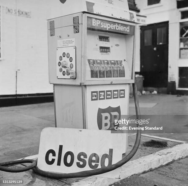 Superblend petrol pump with a closed sign on it at a garage in Denmark Hill, London, during the 1973 oil crisis, UK, 29th November 1973.