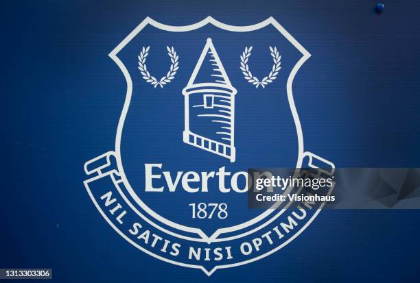 The official Everton club badge before the Premier League match between Everton and Tottenham Hotspur at Goodison Park on April 16, 2021 in...