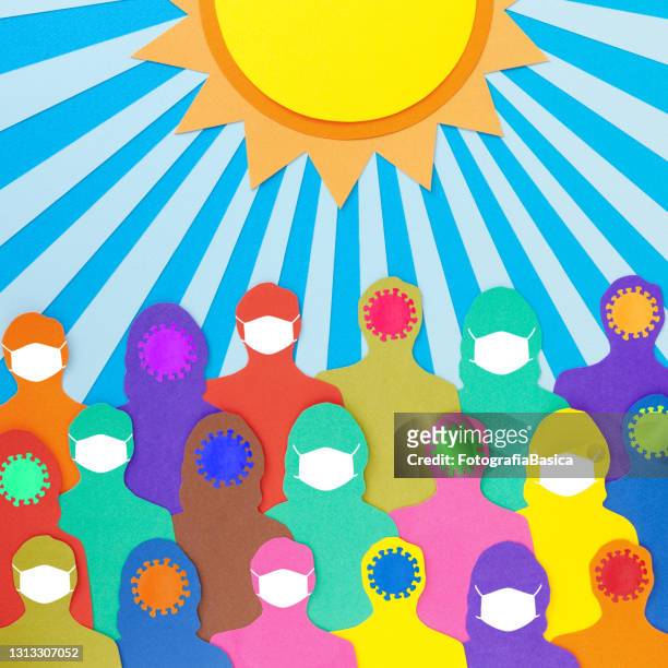 face protected and virus infected crowd under the sun - watching sunrise stock illustrations